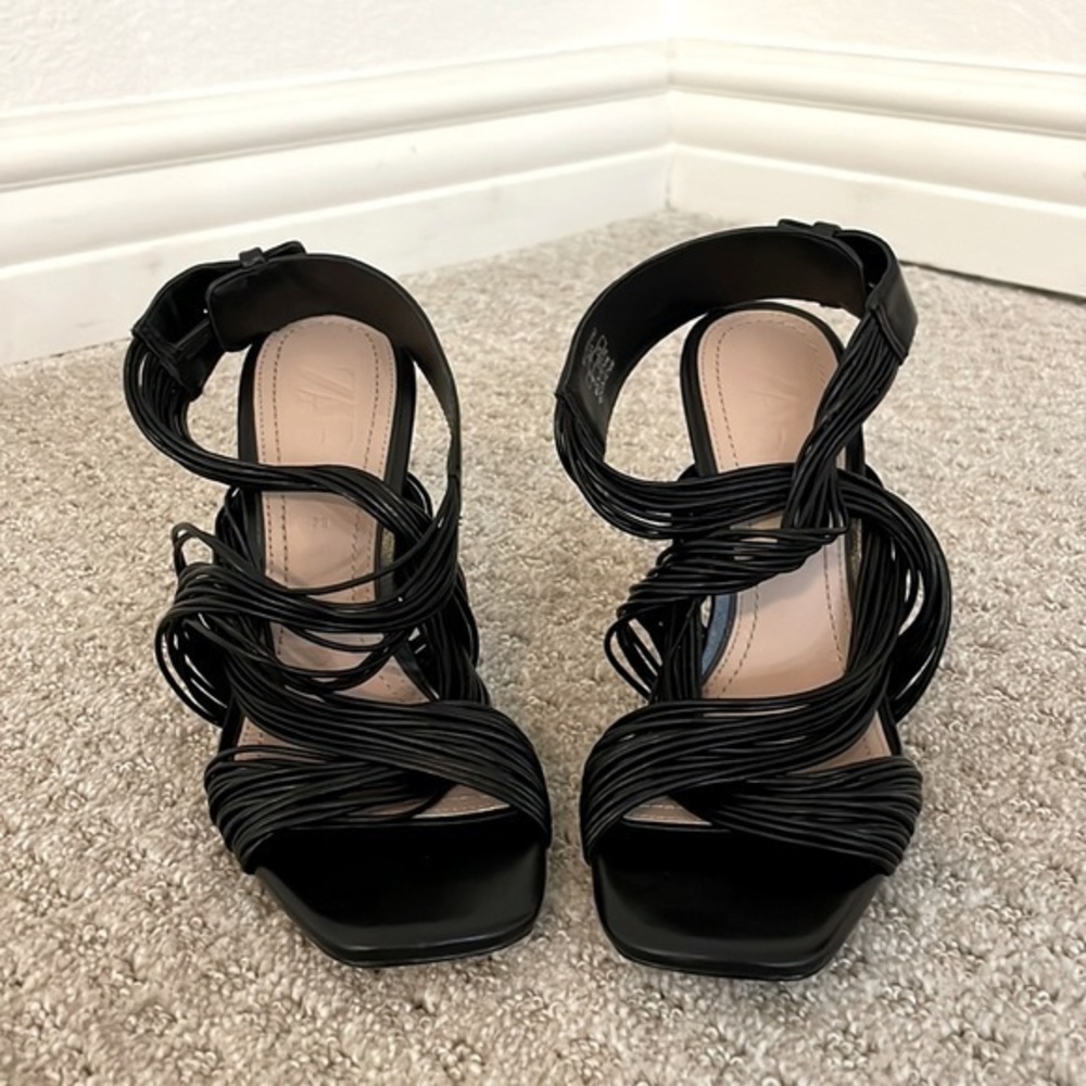 Zara Black Tubular Multi-Strand Wraparound Heeled Sandals